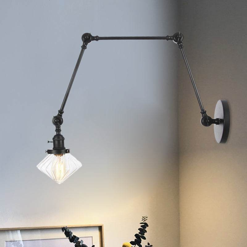 Lisslune | 1 Light Dining Room Wall Lamp Vintage Black/Bronze/Brass Wall Mounted Lamp with Diamond Clear/Amber Glass Shade, 8"+8"/8"+8"+8" L Adjustable Arm