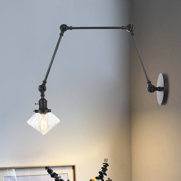 Lisslune | 1 Light Dining Room Wall Lamp Vintage Black/Bronze/Brass Wall Mounted Lamp with Diamond Clear/Amber Glass Shade, 8"+8"/8"+8"+8" L Adjustable Arm