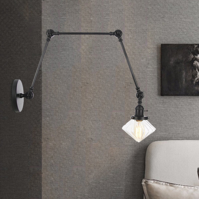 Lisslune | 1 Light Dining Room Wall Lamp Vintage Black/Bronze/Brass Wall Mounted Lamp with Diamond Clear/Amber Glass Shade, 8"+8"/8"+8"+8" L Adjustable Arm