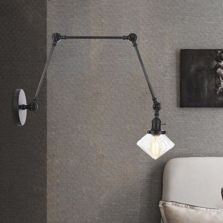 Lisslune | 1 Light Dining Room Wall Lamp Vintage Black/Bronze/Brass Wall Mounted Lamp with Diamond Clear/Amber Glass Shade, 8"+8"/8"+8"+8" L Adjustable Arm