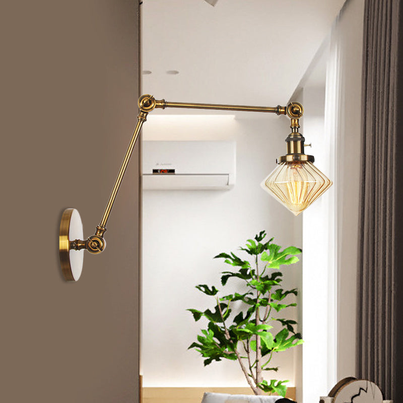 Lisslune | 1 Light Dining Room Wall Lamp Vintage Black/Bronze/Brass Wall Mounted Lamp with Diamond Clear/Amber Glass Shade, 8"+8"/8"+8"+8" L Adjustable Arm
