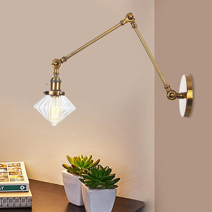 Lisslune | 1 Light Dining Room Wall Lamp Vintage Black/Bronze/Brass Wall Mounted Lamp with Diamond Clear/Amber Glass Shade, 8"+8"/8"+8"+8" L Adjustable Arm