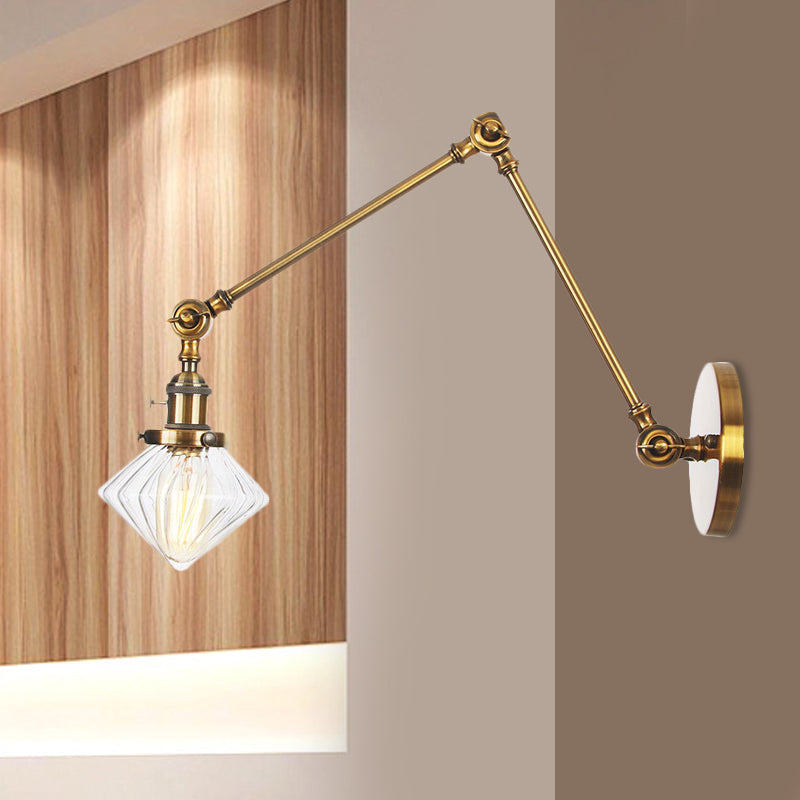 Lisslune | 1 Light Dining Room Wall Lamp Vintage Black/Bronze/Brass Wall Mounted Lamp with Diamond Clear/Amber Glass Shade, 8"+8"/8"+8"+8" L Adjustable Arm