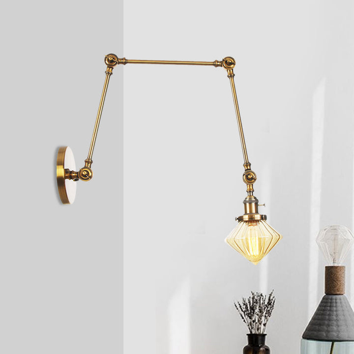 Lisslune | 1 Light Dining Room Wall Lamp Vintage Black/Bronze/Brass Wall Mounted Lamp with Diamond Clear/Amber Glass Shade, 8"+8"/8"+8"+8" L Adjustable Arm