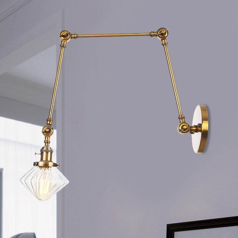 Lisslune | 1 Light Dining Room Wall Lamp Vintage Black/Bronze/Brass Wall Mounted Lamp with Diamond Clear/Amber Glass Shade, 8"+8"/8"+8"+8" L Adjustable Arm