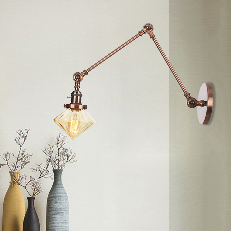 Lisslune | 1 Light Dining Room Wall Lamp Vintage Black/Bronze/Brass Wall Mounted Lamp with Diamond Clear/Amber Glass Shade, 8"+8"/8"+8"+8" L Adjustable Arm