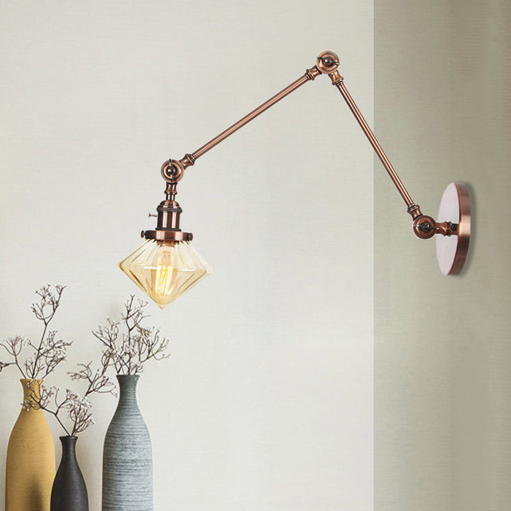 Lisslune | 1 Light Dining Room Wall Lamp Vintage Black/Bronze/Brass Wall Mounted Lamp with Diamond Clear/Amber Glass Shade, 8"+8"/8"+8"+8" L Adjustable Arm