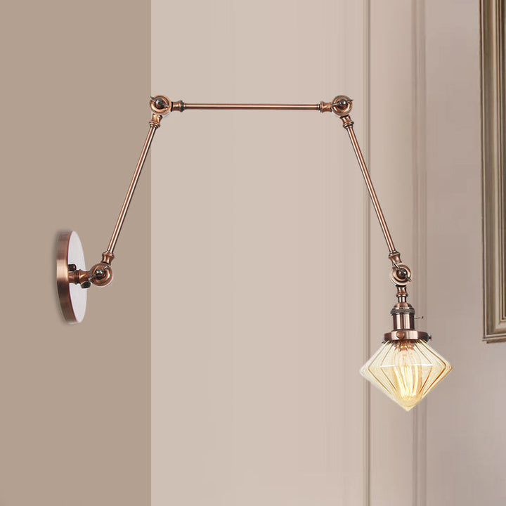 Lisslune | 1 Light Dining Room Wall Lamp Vintage Black/Bronze/Brass Wall Mounted Lamp with Diamond Clear/Amber Glass Shade, 8"+8"/8"+8"+8" L Adjustable Arm