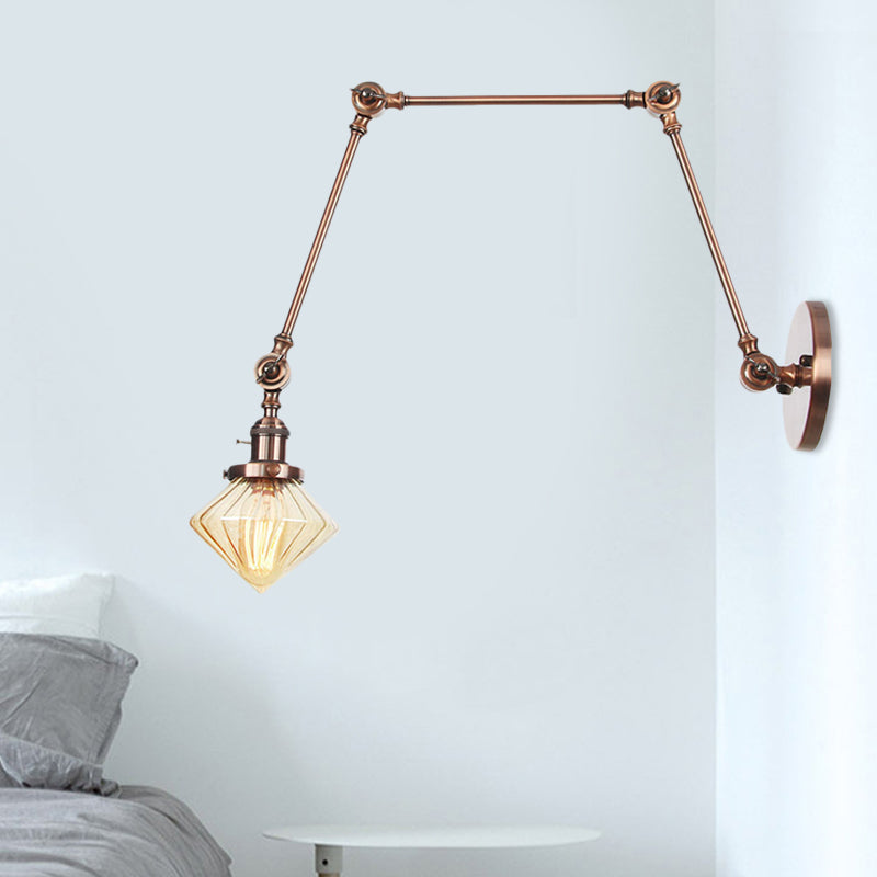 Lisslune | 1 Light Dining Room Wall Lamp Vintage Black/Bronze/Brass Wall Mounted Lamp with Diamond Clear/Amber Glass Shade, 8"+8"/8"+8"+8" L Adjustable Arm