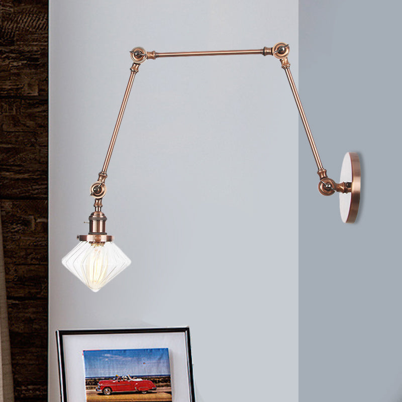 Lisslune | 1 Light Dining Room Wall Lamp Vintage Black/Bronze/Brass Wall Mounted Lamp with Diamond Clear/Amber Glass Shade, 8"+8"/8"+8"+8" L Adjustable Arm