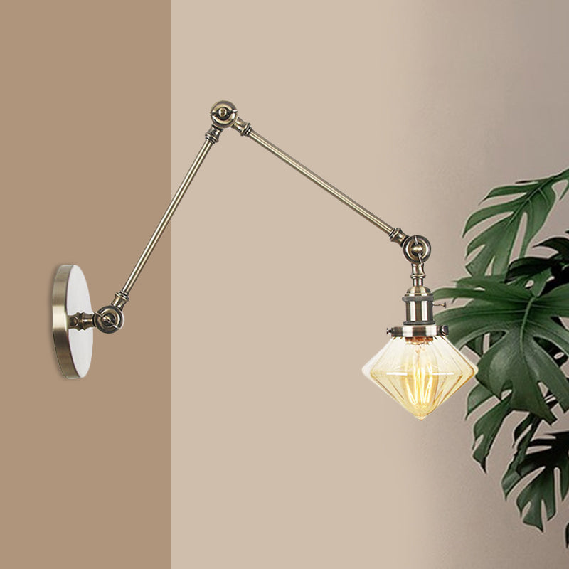 Lisslune | 1 Light Dining Room Wall Lamp Vintage Black/Bronze/Brass Wall Mounted Lamp with Diamond Clear/Amber Glass Shade, 8"+8"/8"+8"+8" L Adjustable Arm