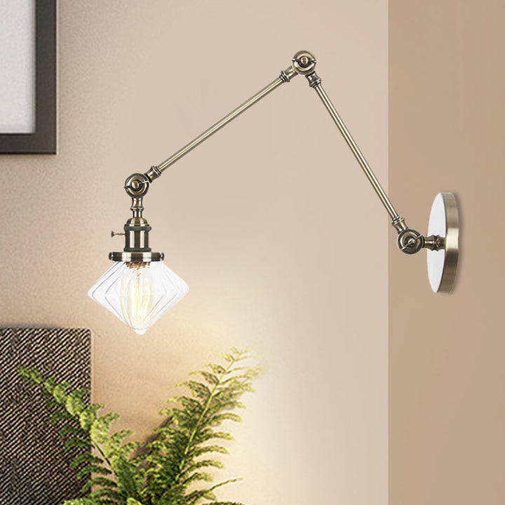 Lisslune | 1 Light Dining Room Wall Lamp Vintage Black/Bronze/Brass Wall Mounted Lamp with Diamond Clear/Amber Glass Shade, 8"+8"/8"+8"+8" L Adjustable Arm