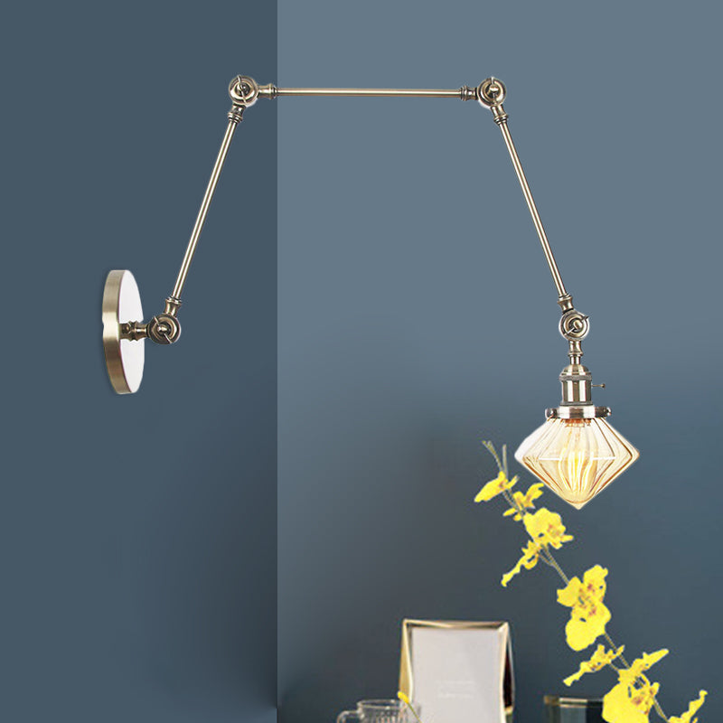 Lisslune | 1 Light Dining Room Wall Lamp Vintage Black/Bronze/Brass Wall Mounted Lamp with Diamond Clear/Amber Glass Shade, 8"+8"/8"+8"+8" L Adjustable Arm