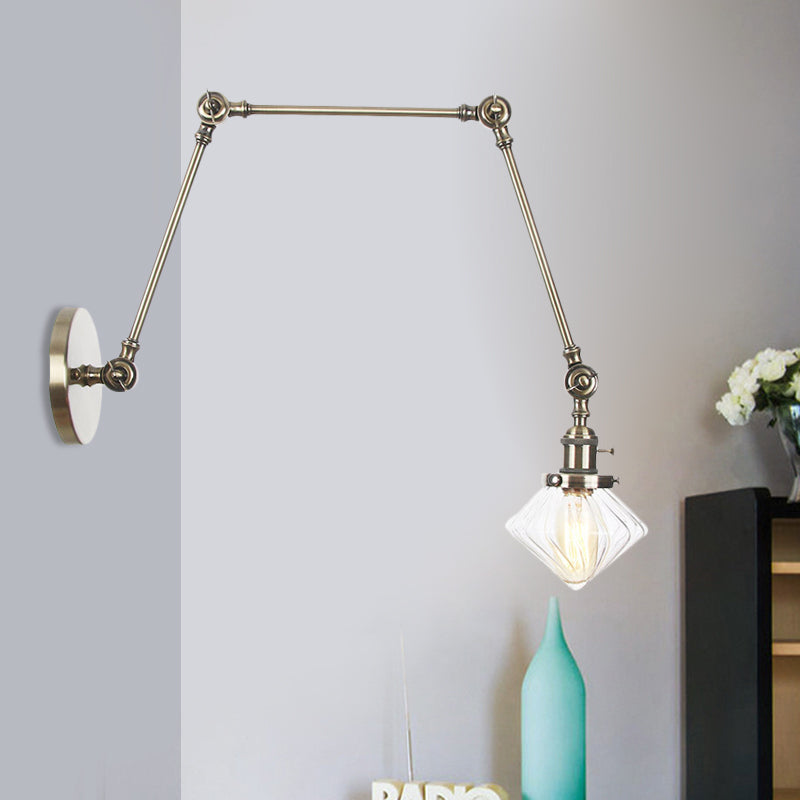 Lisslune | 1 Light Dining Room Wall Lamp Vintage Black/Bronze/Brass Wall Mounted Lamp with Diamond Clear/Amber Glass Shade, 8"+8"/8"+8"+8" L Adjustable Arm