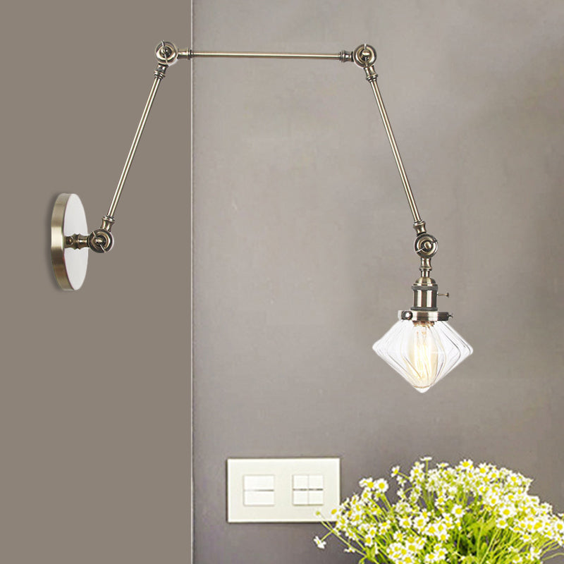 Lisslune | 1 Light Dining Room Wall Lamp Vintage Black/Bronze/Brass Wall Mounted Lamp with Diamond Clear/Amber Glass Shade, 8"+8"/8"+8"+8" L Adjustable Arm