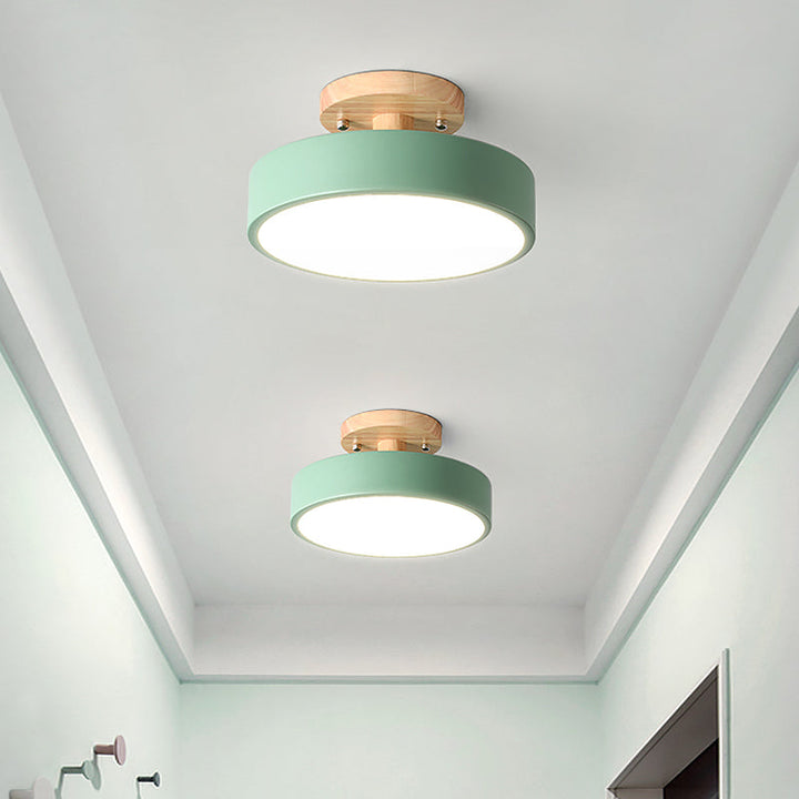 Lisslune | Scandinavian LED Ceiling Light with Wood | Modern Drum Shape for Hallways and Entrances | Energy-Efficient Lighting