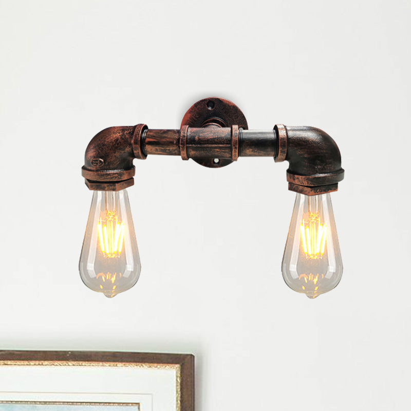 Lisslune | Metal Bare Bulb Wall Lamp Light Fixture Farmhouse 2-Head Coffee House Wall Mount Lamp in Black/Rust