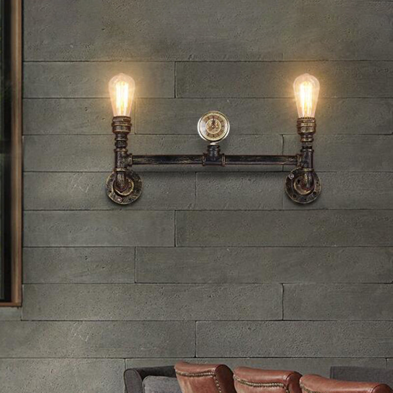 Lisslune | Iron Bronze Finish Wall Lamp Bare Bulb 2-Head Antiqued Sconce Lighting with Gauge Deco