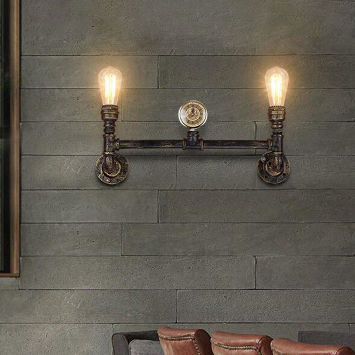 Lisslune | Iron Bronze Finish Wall Lamp Bare Bulb 2-Head Antiqued Sconce Lighting with Gauge Deco