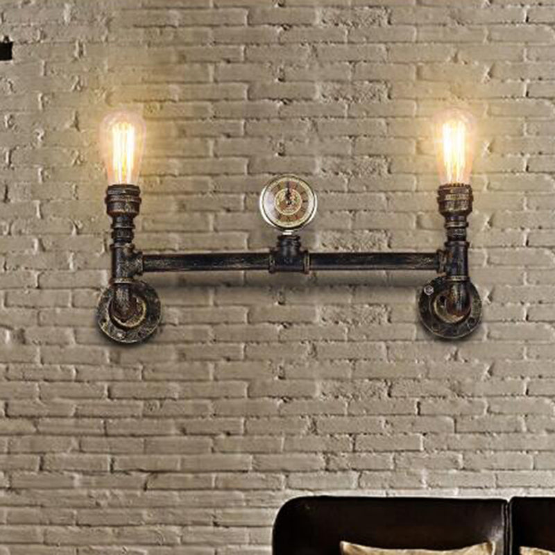 Lisslune | Iron Bronze Finish Wall Lamp Bare Bulb 2-Head Antiqued Sconce Lighting with Gauge Deco