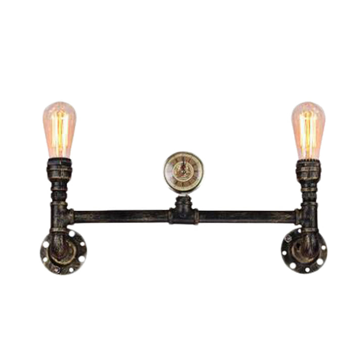 Lisslune | Iron Bronze Finish Wall Lamp Bare Bulb 2-Head Antiqued Sconce Lighting with Gauge Deco
