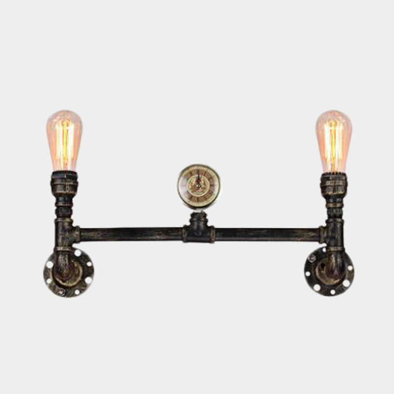 Lisslune | Iron Bronze Finish Wall Lamp Bare Bulb 2-Head Antiqued Sconce Lighting with Gauge Deco