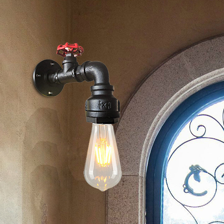 Skørter | Water pipe balcony wall light lamp decor industrial iron 1-light silver/black/rust wall mounted light with red valve decor
