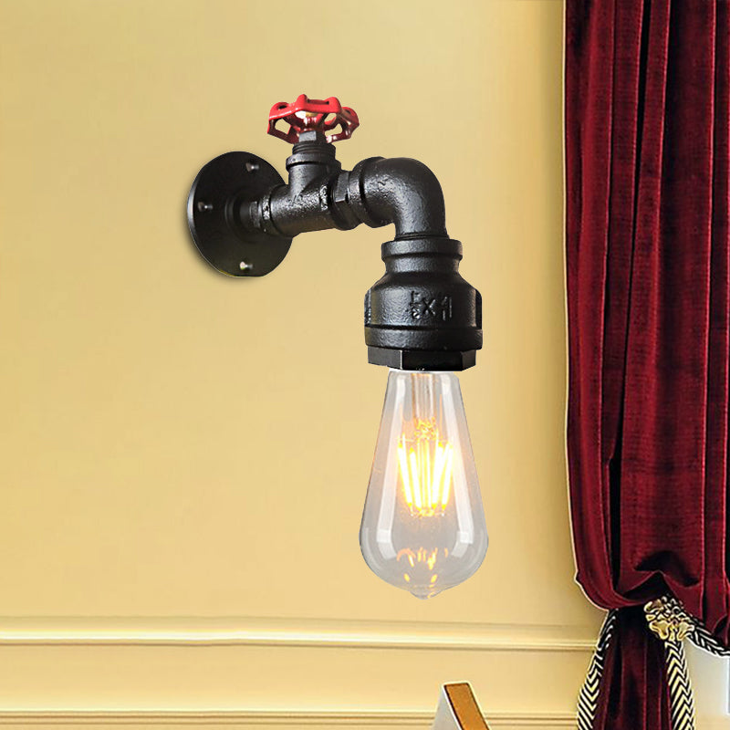 Skørter | Water pipe balcony wall light lamp decor industrial iron 1-light silver/black/rust wall mounted light with red valve decor