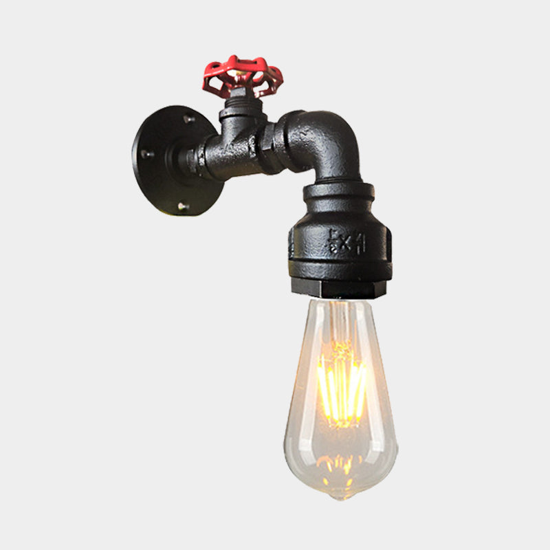 Skørter | Water pipe balcony wall light lamp decor industrial iron 1-light silver/black/rust wall mounted light with red valve decor