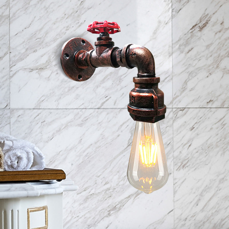 Skørter | Water pipe balcony wall light lamp decor industrial iron 1-light silver/black/rust wall mounted light with red valve decor