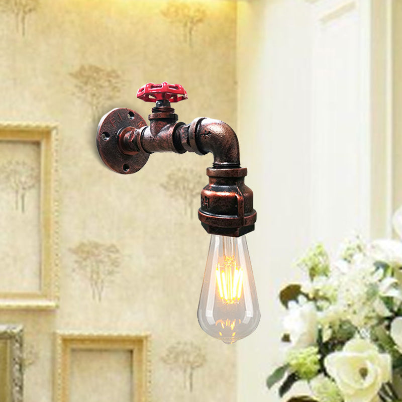 Skørter | Water pipe balcony wall light lamp decor industrial iron 1-light silver/black/rust wall mounted light with red valve decor