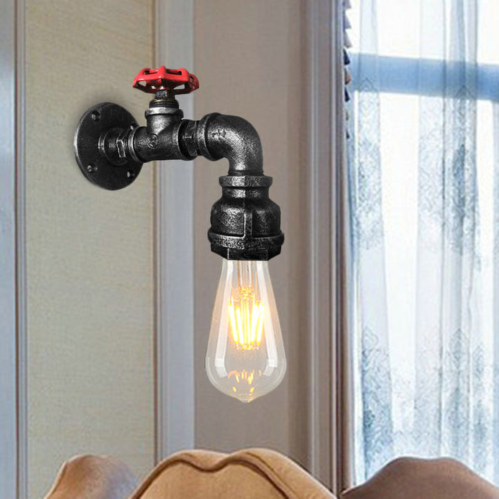 Skørter | Water pipe balcony wall light lamp decor industrial iron 1-light silver/black/rust wall mounted light with red valve decor