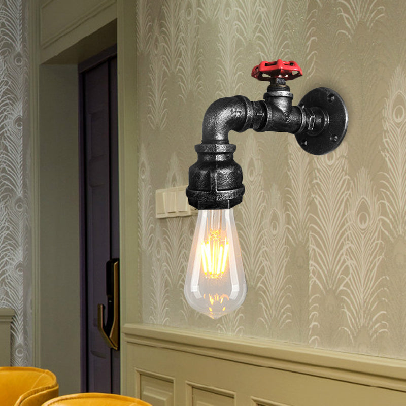 Skørter | Water pipe balcony wall light lamp decor industrial iron 1-light silver/black/rust wall mounted light with red valve decor