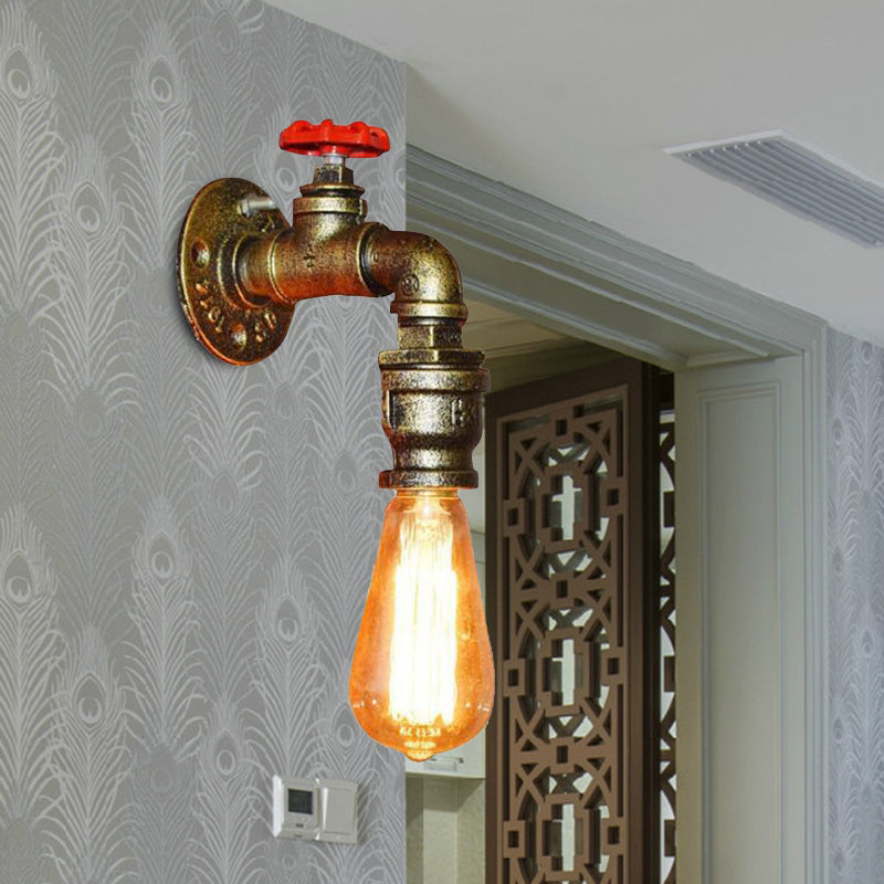 Skørter | Water pipe balcony wall light lamp decor industrial iron 1-light silver/black/rust wall mounted light with red valve decor
