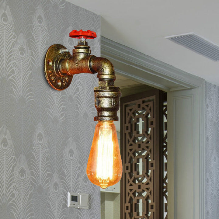 Skørter | Water pipe balcony wall light lamp decor industrial iron 1-light silver/black/rust wall mounted light with red valve decor
