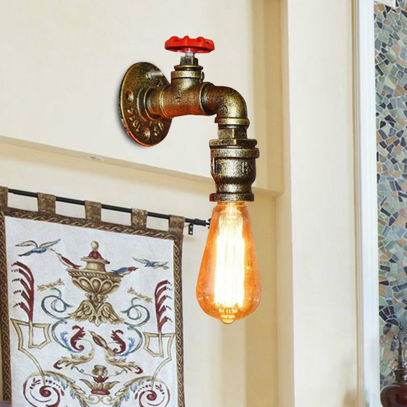 Skørter | Water pipe balcony wall light lamp decor industrial iron 1-light silver/black/rust wall mounted light with red valve decor