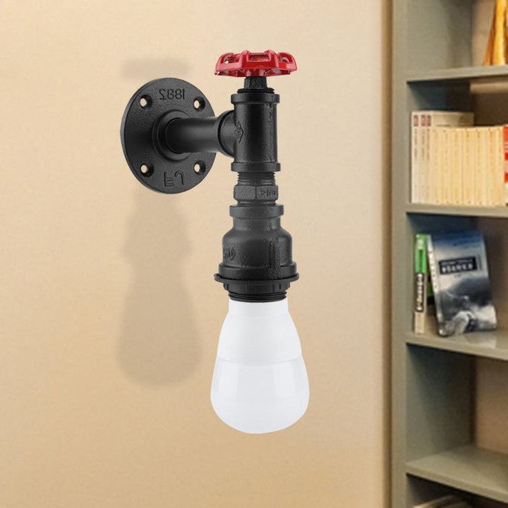 Lisslune | Black 1-Bulb Wall Lamp Farmhouse Iron Pipe Wall Mount Lighting with Red Valve Decoration for the Corner