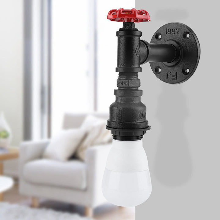 Lisslune | Black 1-Bulb Wall Lamp Farmhouse Iron Pipe Wall Mount Lighting with Red Valve Decoration for the Corner