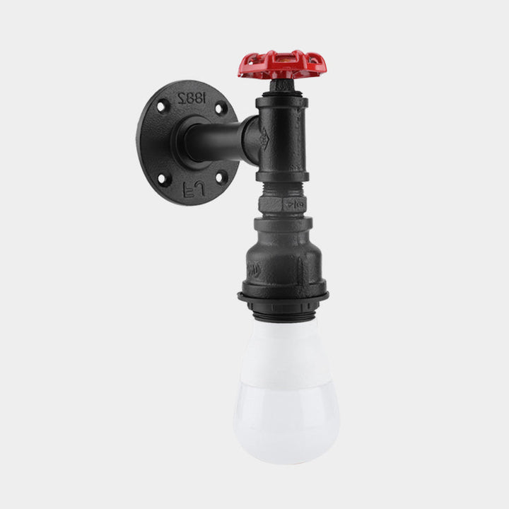 Lisslune | Black 1-Bulb Wall Lamp Farmhouse Iron Pipe Wall Mount Lighting with Red Valve Decoration for the Corner