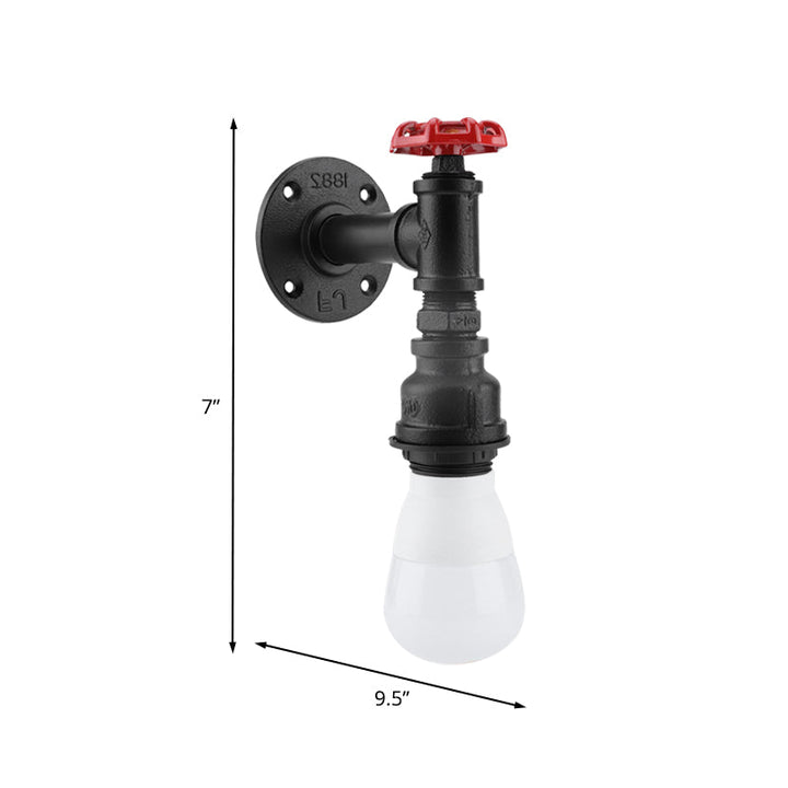 Lisslune | Black 1-Bulb Wall Lamp Farmhouse Iron Pipe Wall Mount Lighting with Red Valve Decoration for the Corner