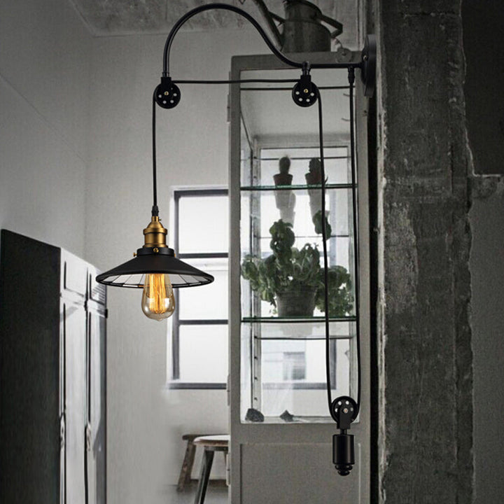 Lisslune | 1 Light Flared Pulley Wall Lamp Industrial Black Metallic Sconces Lamp with Gooseneck Arm