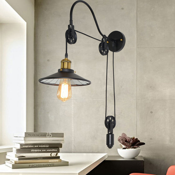 Lisslune | 1 Light Flared Pulley Wall Lamp Industrial Black Metallic Sconces Lamp with Gooseneck Arm