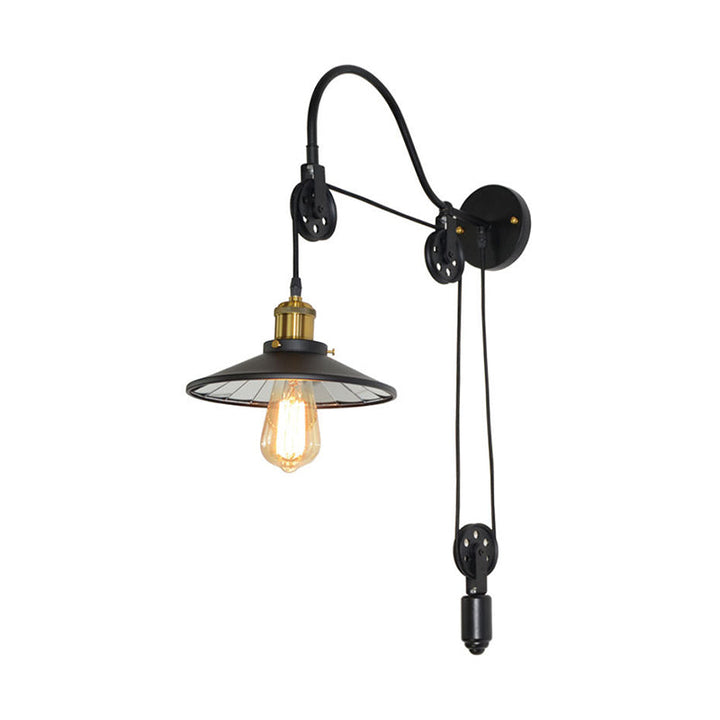 Lisslune | 1 Light Flared Pulley Wall Lamp Industrial Black Metallic Sconces Lamp with Gooseneck Arm