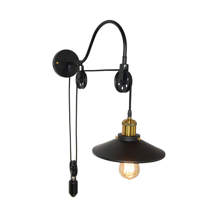 Lisslune | 1 Light Flared Pulley Wall Lamp Industrial Black Metallic Sconces Lamp with Gooseneck Arm
