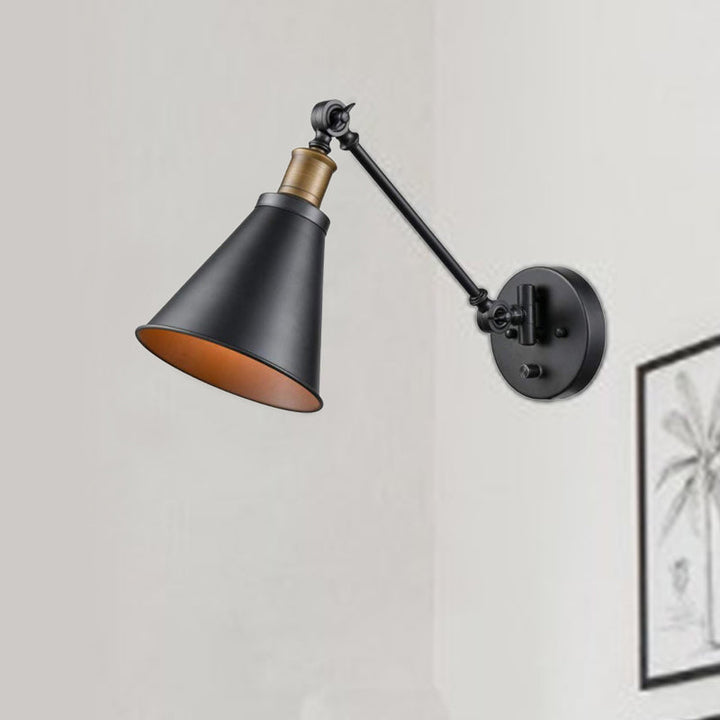 Lisslune | 1 Light Bulb Iron Wall Mount Vintage Black Swing Arm Living Room Wall Light Lamp with Cone Shade