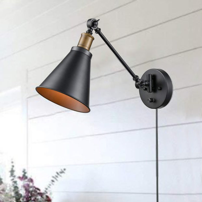 Lisslune | 1 Light Bulb Iron Wall Mount Vintage Black Swing Arm Living Room Wall Light Lamp with Cone Shade