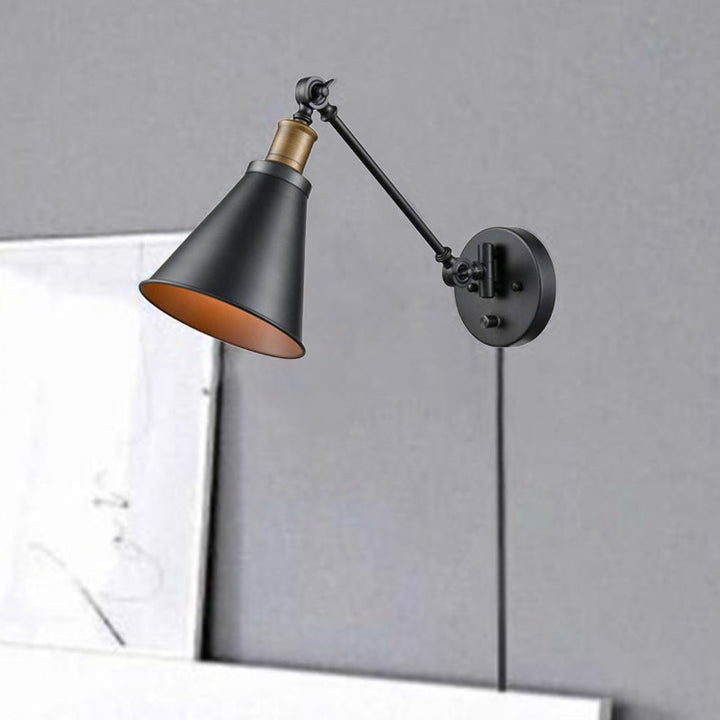Lisslune | 1 Light Bulb Iron Wall Mount Vintage Black Swing Arm Living Room Wall Light Lamp with Cone Shade