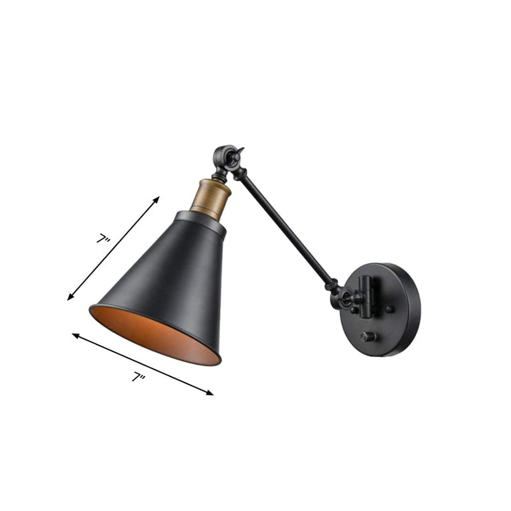 Lisslune | 1 Light Bulb Iron Wall Mount Vintage Black Swing Arm Living Room Wall Light Lamp with Cone Shade