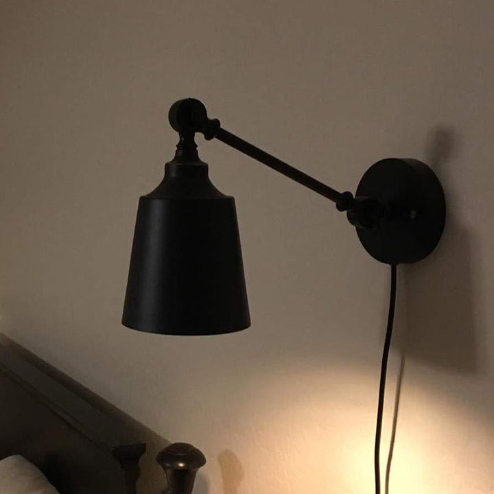 Lisslune | Iron Bell Wall Mount Sconce Industrial 1 Head Nightstand Plug-In Wall Light Fixture in Black with Swivel Arm