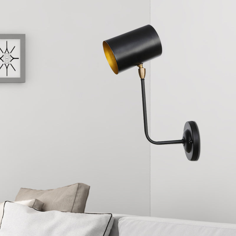 Lisslune | Antiqued Right Angle Arm Wall Lamp 1 Lamp 6"/10" T Iron Wall Mounted Light in Black and Inner Gold with Cylindrical Shade